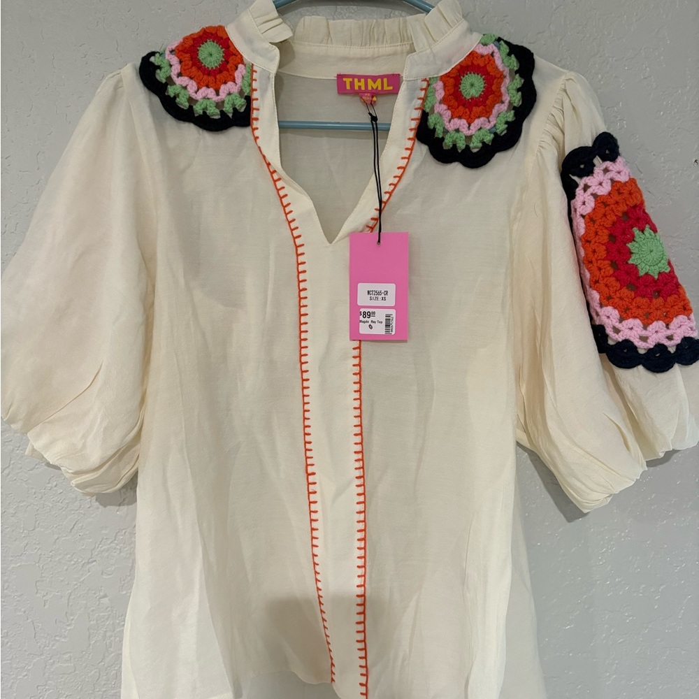 THML Cream Blouse with Puff Sleeves and Embellished Mandarin Collar